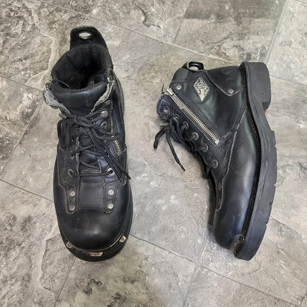 Vintage Harley Davidson Biker Boots Black Leather‎ Side Zip Metal Logo 91331 10